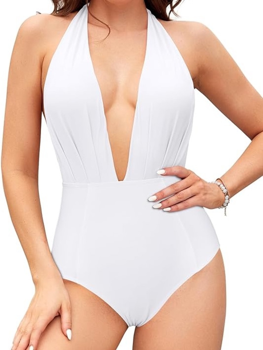 MATTE COLLECTION Deep V Halter One-Piece Swimsuit - White